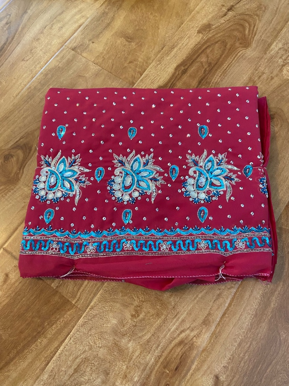 Red Unstitched Indian Suit Blue and Silver Embroidery ~2.5yds w/ Dupatta